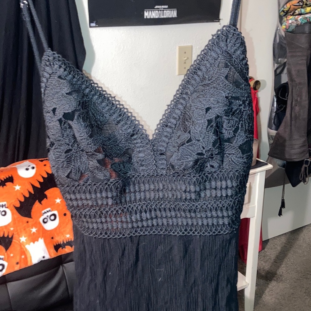 Black floral lace medium length dress